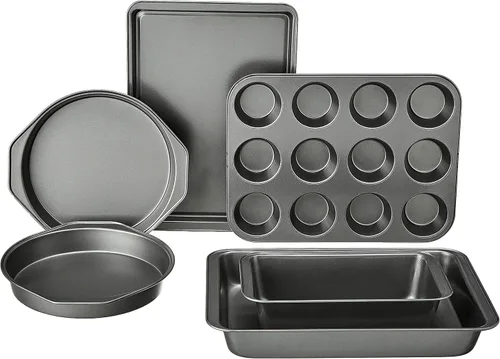 Amazon Basics Juego de 6 piezas de utensilios para hornear antiadherentes de acero al carbono aptos para horno con moldes para pasteles, muffins,