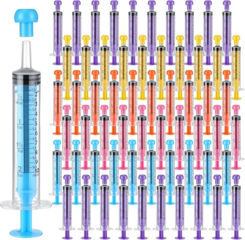 Vista 8 de TrelaCo 100 jeringas de plástico para líquido con tapas, jeringa oral sin aguja, herramientas de medición coloridas selladas individualmente