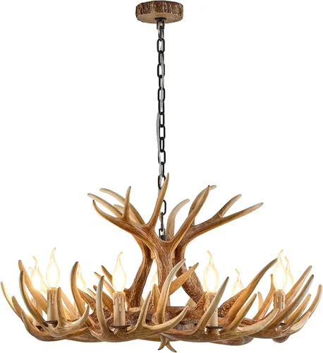 Vista 11 de Candelabro de cornamenta de 6 luces, estilo rústico, base E12, cornamenta de ciervo, iluminación para el hogar, tienda y bar