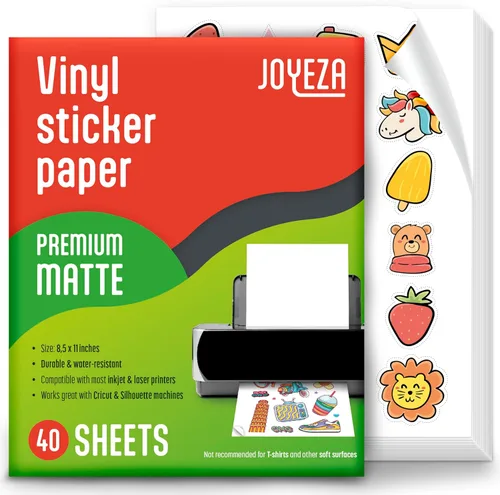 Vista 9 de JOYEZA Papel adhesivo de vinilo imprimible de calidad premium para impresora de inyección de tinta - 25 hojas de color blanco mate impermeables, se