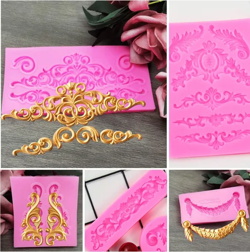 Vista 6 de Moldes de silicona para fondant de encaje de estilo barroco, 7 piezas, molde de flores de alivio, molde de filigrana esculpido en 3D para decoración