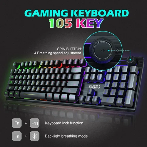 Vista 5 de Teclado para juegos, teclado de membrana con cable de 105 teclas, teclado retroiluminado LED arcoíris, diseño de tecla flotante, panel de aleación