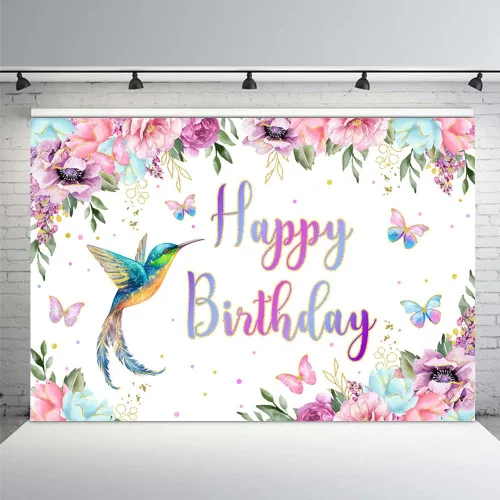 MEHOFOND Fondo de cumpleaños de colibrí de 7 x 5 pies, fondo floral de acuarela de primavera para niña, suministros de fiesta de primer cumpleaños,