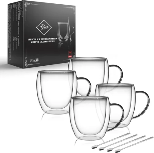 Vista 10 de LIBWYS Paquete de 6 Tazas de Café de Vidrio de Doble Pared, Tazas de 12oz para Espresso Cappuccino Latte Té con Asa, Vasos Transparentes