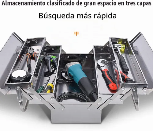 Vista 4 de Caja de herramientas de metal portátil, caja de almacenamiento plegable de acero inoxidable de 3 capas con 5 bandejas, organizador de herramientas