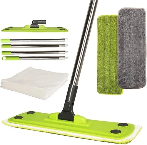 Trapeador de microfibra con 5 papeles para polvo + 2 almohadillas lavables, limpieza de suelos multisuperficie para húmedo, seco y polvo, mango