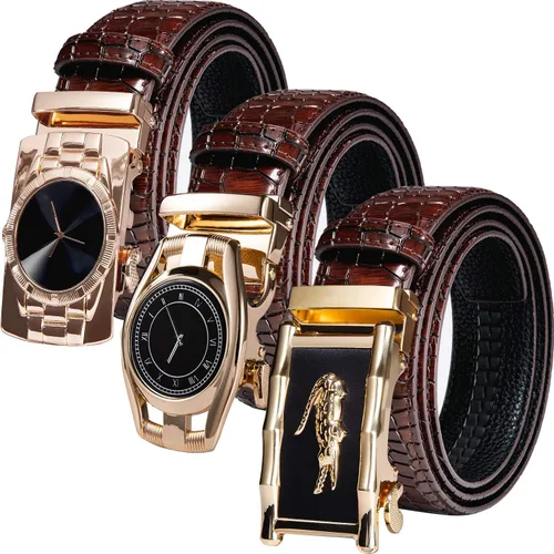 Barry.Wang Cinturón de trinquete para hombre con 3 hebillas automáticas de aleación de cuero auténtico, juego de regalo para hombre