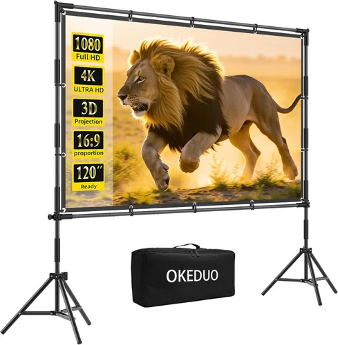 Pantalla de proyector de 120 pulgadas con soporte, pantalla de película portátil para interiores y exteriores, montaje en pared 16:9, soporte y
