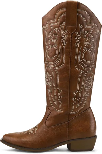 Vista 7 de mysoft Botas vaqueras para mujer de media pantorrilla bordadas estilo occidental de punta puntiaguda con tacón grueso tipo pull-on hasta la rodilla