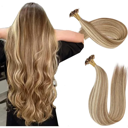 Vista 38 de Extensiones de cabello humano con punta en I de 14 pulgadas #16/60, color rubio con reflejos dorados y marrón grisáceo mezclado, extensiones