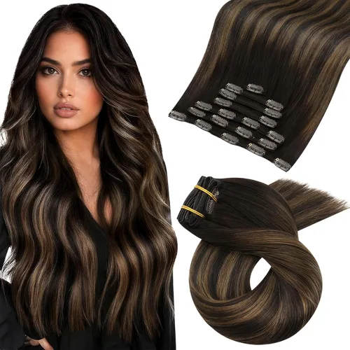 Vista 40 de Moresoo Extensiones de cabello humano con clip, balayage, color marrón oscuro a marrón dorado con clip, extensiones de cabello humano con clip, 5