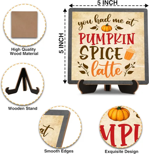 Vista 2 de Fall Table Decor, Pumpkin Spice Latte Wooden Plaque with Stand, Autumn Decorative Wood Sign for Thanksgiving Decoration Home Office Shelf Table