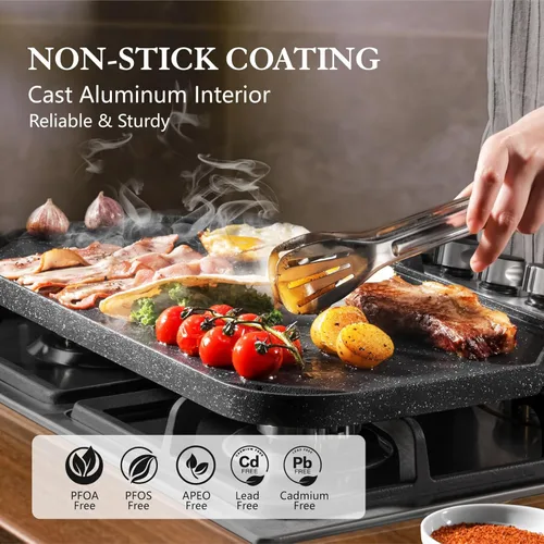 Vista 2 de SENSARTE Sartén Parrilla Antiadherente, Sartén Parrilla y Plancha Reversible Pro-Grid, Aluminio Fundido de Dos Quemadores, Portátil para Estufa