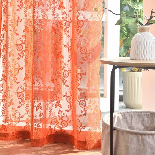 Vista 28 de FINECITY 2 paneles de cortinas de encaje beige de 36 pulgadas de largo con hojas florales rústicas, cortinas cortas y transparentes para ventana