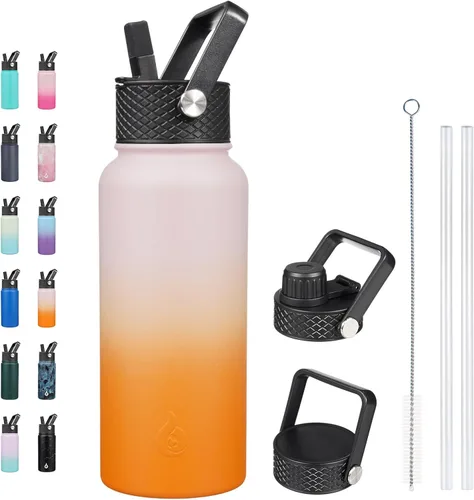Vista 66 de BJPKPK - Botellas de agua aisladas con tapa de popote, botellas de agua de acero inoxidable de 40 onzas con 3 tapas, termo a prueba de fugas sin