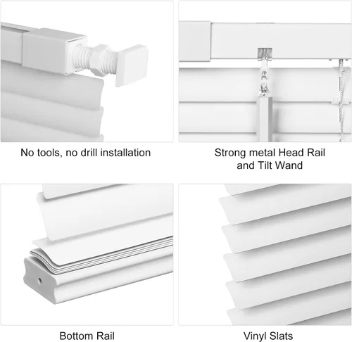 Vista 15 de LazBlinds No Tools - Mini persianas de vinilo de 1 pulgada sin cordones, persianas horizontales para ventanas con filtro de luz, 23 pulgadas