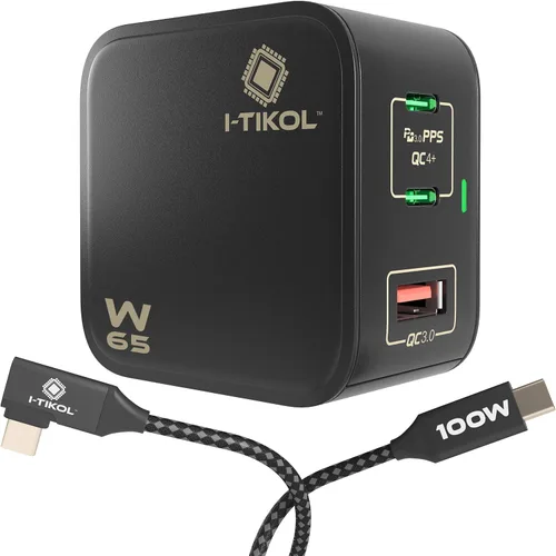 Bloque de cargador USB C de 65 W, 3 puertos, cargador rápido plegable GaN con cable tipo C - PD 3.0 PPS QC 4+ adaptador de cargador de pared para