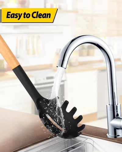 Vista 5 de Juego de tenedor de pasta y cucharón de silicona con mango de madera, utensilios de cocina resistentes al calor y antiadherentes para cocinar, Negro