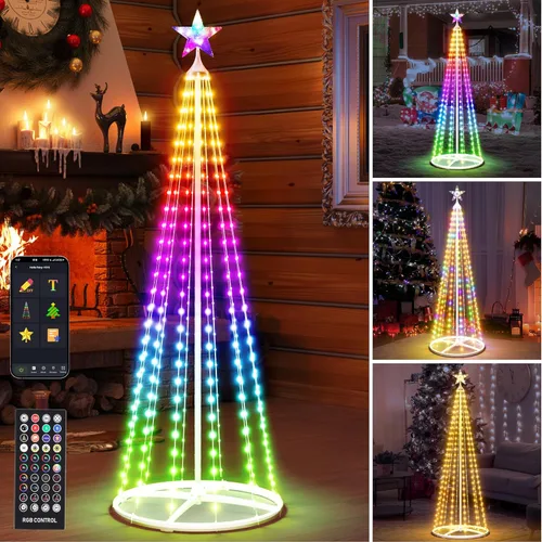 Vista 12 de Árbol de Navidad de Cono Inteligente de 5 pies + 6 pies + 7.5 pies, Luces Preiluminadas Multicolor para Exterior, Sincronización de Música, Control
