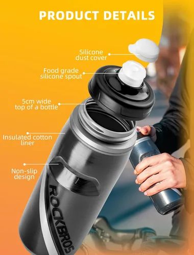 Vista 5 de ROCKBROS Botella de agua para bicicleta de 21 onzas, botella de agua para bicicleta para 5 horas de aislamiento, botella de agua deportiva