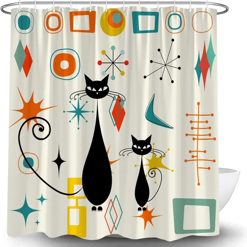 Mid Century Atomic Cat Modern Shower Curtain Abstract Geometric Teal Orange Yellow Black Cat Retro 50S Beige Fabric Bathroom Curtain Set with Hook