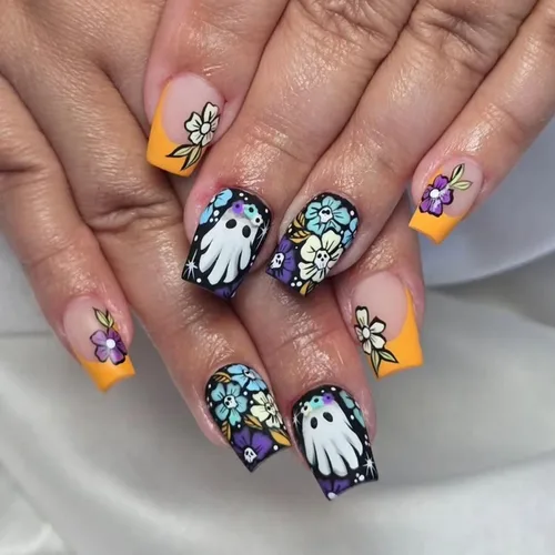 Vista 28 de Uñas postizas a presión de Halloween, uñas postizas cuadradas cortas con diseños de gato negro, acabado degradado brillante, cobertura completa