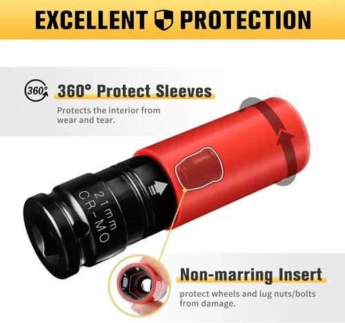 Vista 5 de BOEN Juego de llaves protectoras de rueda de 1/2 pulgada, juego de tuercas sin marcas de impacto, pared delgada, profundo, CR-MO, 6 puntos, juego