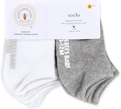 Vista 2 de Burt's Bees Baby Calcetines para bebé, paquete de 6 tobilleros o cuello redondo con agarres antideslizantes, hechos con algodón orgánico