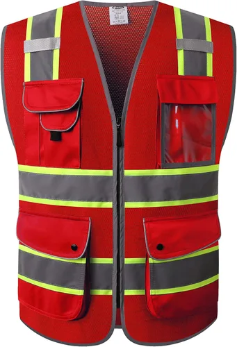 Vista 13 de JKSafety Chaleco de seguridad frontal con 9 bolsillos de alta visibilidad de doble color con cierre de cremallera MESH Lite Tira reflectante