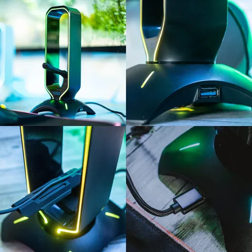Vista 7 de Tilted Nation Soporte de auriculares RGB y soporte de auriculares para juegos para pantalla de escritorio con soporte de cable elástico para mouse