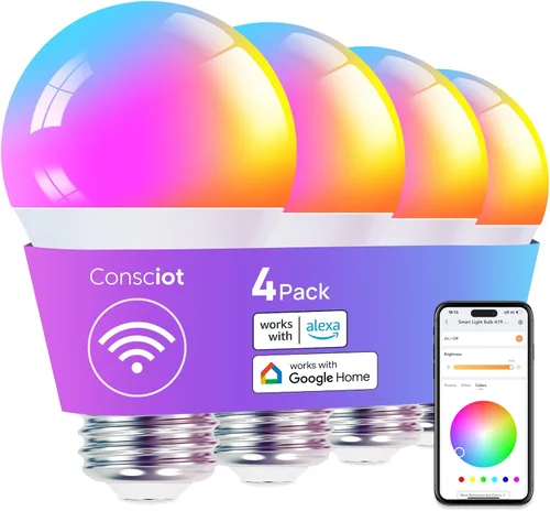 Consciot - Foco LED inteligente, bombilla WiFi que cambia de color A19 E26 compatible con Alexa y Google Home, equivalente a 60 W, sincronización