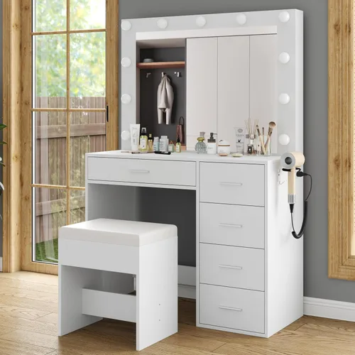 Vista 6 de Escritorio de tocador de 37 pulgadas con espejo y luces LED, tocador de maquillaje con toma de corriente y USB, 3 modos de iluminación, tocador