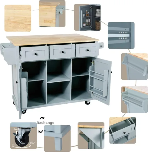 Vista 113 de P PURLOVE Carrito de isla de cocina con parte superior de madera y ruedas de bloqueo, carrito móvil de isla de cocina con armario de 4 puertas