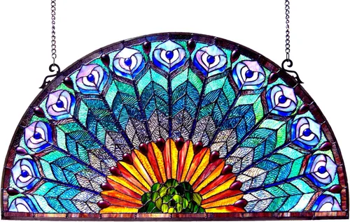 Chloe Regal Eudora Tiffany - Panel de ventana de cristal con plumas de pavo real, 35 x 18 pulgadas