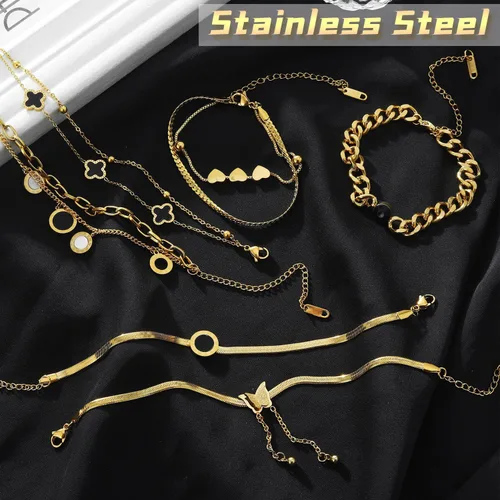 Vista 5 de IFKM Pulseras de oro para mujer, chapadas en oro de 14 quilates, delicadas pulseras de cadena en capas, ajustables, lindas pulseras de eslabones