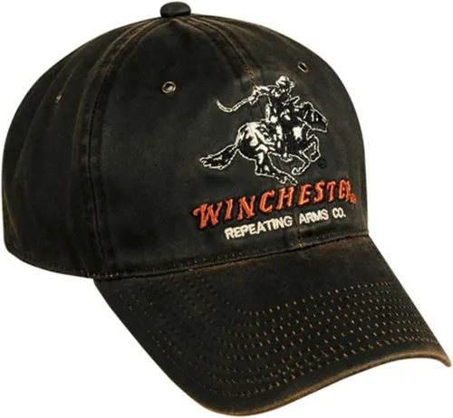 Winchester Gorra de algodón desgastado marrón oscuro con logotipo de caballo y jinete repetido Arms Co.