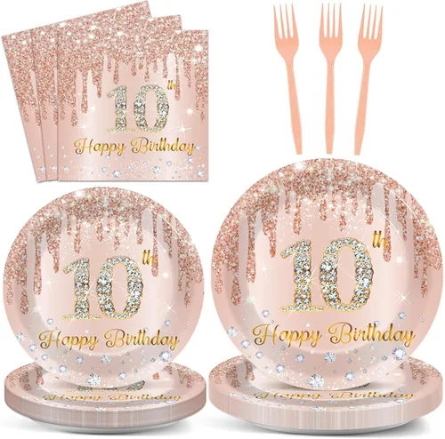 Vista 9 de 96 piezas de platos y servilletas de oro rosa para fiesta de cumpleaños número 9 para niñas, suministros de fiesta de oro rosa, juego de vajilla
