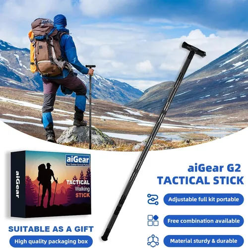 Vista 9 de aiGear G2 Tactical Stick Hiking Walking Staff - Trekking Poles Outdoor Adjustable Hiking Stick for Camping Hiking 5 Tubes 40.5 inch
