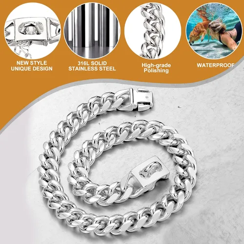 Vista 4 de Collar de cadena para perro, collar de acero inoxidable resistente de 0.394 pulgadas con eslabones cubanos, cadena de metal para perro con hebilla a