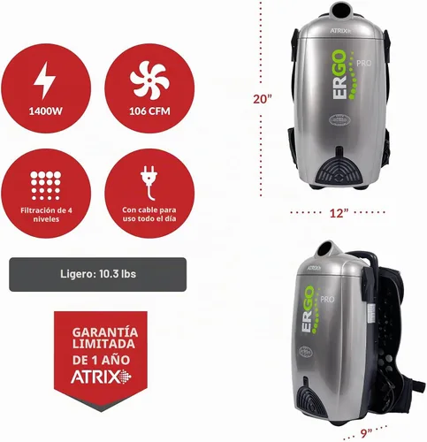 Vista 7 de Atrix Ergo Pro Backpack Vacuum Pro Clean Kit - Aspiradora comercial tipo mochila HEPA de 8 cuartos de galón con motor de 1400 W, succión de 106 CFM