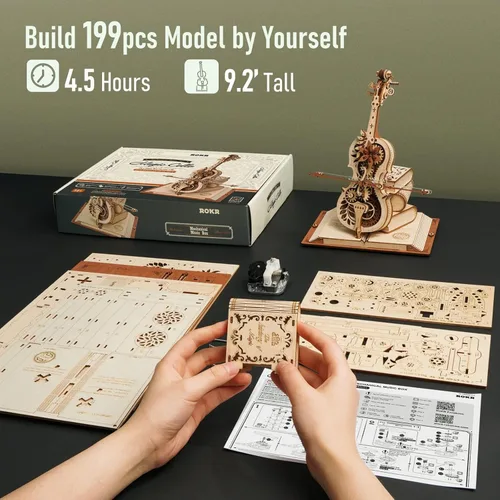 Vista 5 de ROKR Rompecabezas 3D para adultos, a escala 1:5, kit de modelo de violonchelo con base, 199 piezas, caja de música de madera, kit de construcción