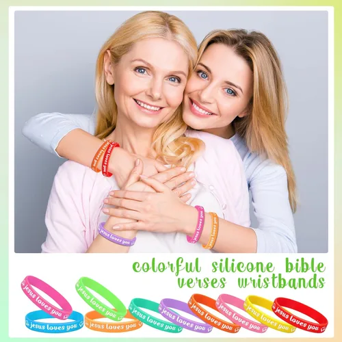 Vista 2 de Jerify 200 piezas Pulseras de silicona "Jesús te ama" cristianas, pulseras de goma con versículo de la Biblia, bandas religiosas coloridas