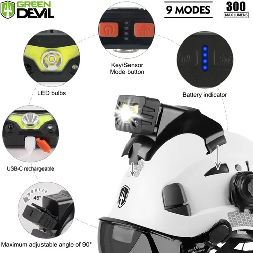 Vista 4 de Casco de seguridad con visera GREEN DEVIL con orejeras Bluetooth y faro 5 en 1 Protección completa Cascos de Construcción con ventilación Hardhat