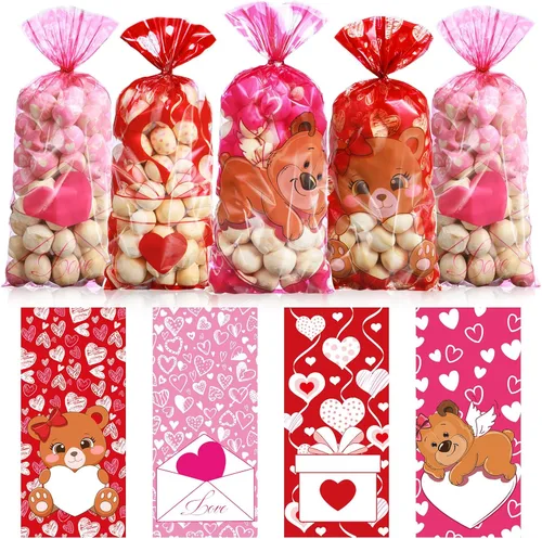 Pasimy 100 bolsas de regalo de San Valentín, bolsas de regalo de celofán para el día de San Valentín, bolsas de regalo de celofán rosa y rojo con