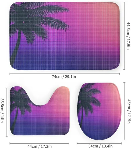 Vista 3 de 4 Pcs Abstract 80S Art Palm Leaves Shower Curtains,Modern Neon Grid Illustration Synthwave Anime Bathroom Set Shower Mat Shower Curtains Rug 12 Hooks