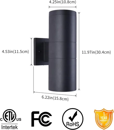 Vista 2 de mirrea Lámpara moderna para porche al aire libre en 2 luces con cilindro de aluminio negro mate y cubierta de vidrio templado, aplique de pared