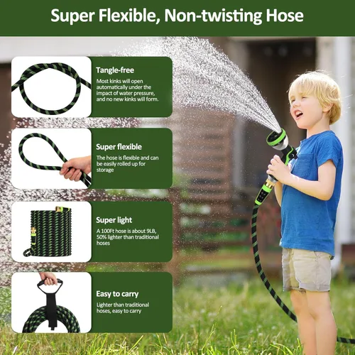 Vista 5 de Garden Hose Non-Expanding 100ft, Flexible Water Hose with 10 Function Spray Nozzle, Lightweight, Kink Free,Leak Proof Water Hose for Outdoor,Yard