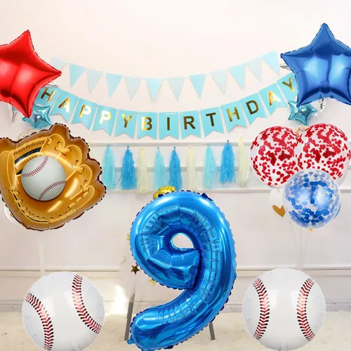 Vista 92 de Globos de béisbol de papel de aluminio para decoración de cumpleaños, globos de guante, globo de confeti de estrella roja y azul para novato