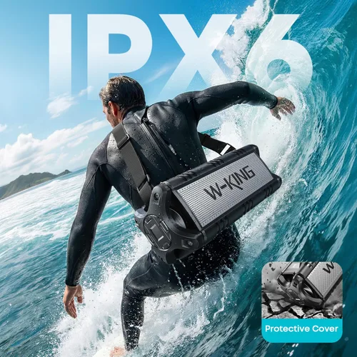 Vista 4 de W-KING Altavoz Bluetooth de 90 W máx., altavoces inalámbricos portátiles IPX6 impermeables, altavoz Bluetooth para exteriores de 50 W con graves