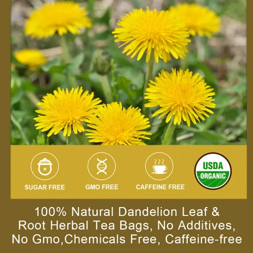 Vista 2 de Té orgánico de hoja y raíz de diente de león, té de hierbas de diente de león seco natural para apoyo hepático, antioxidante, digestión y apoyo